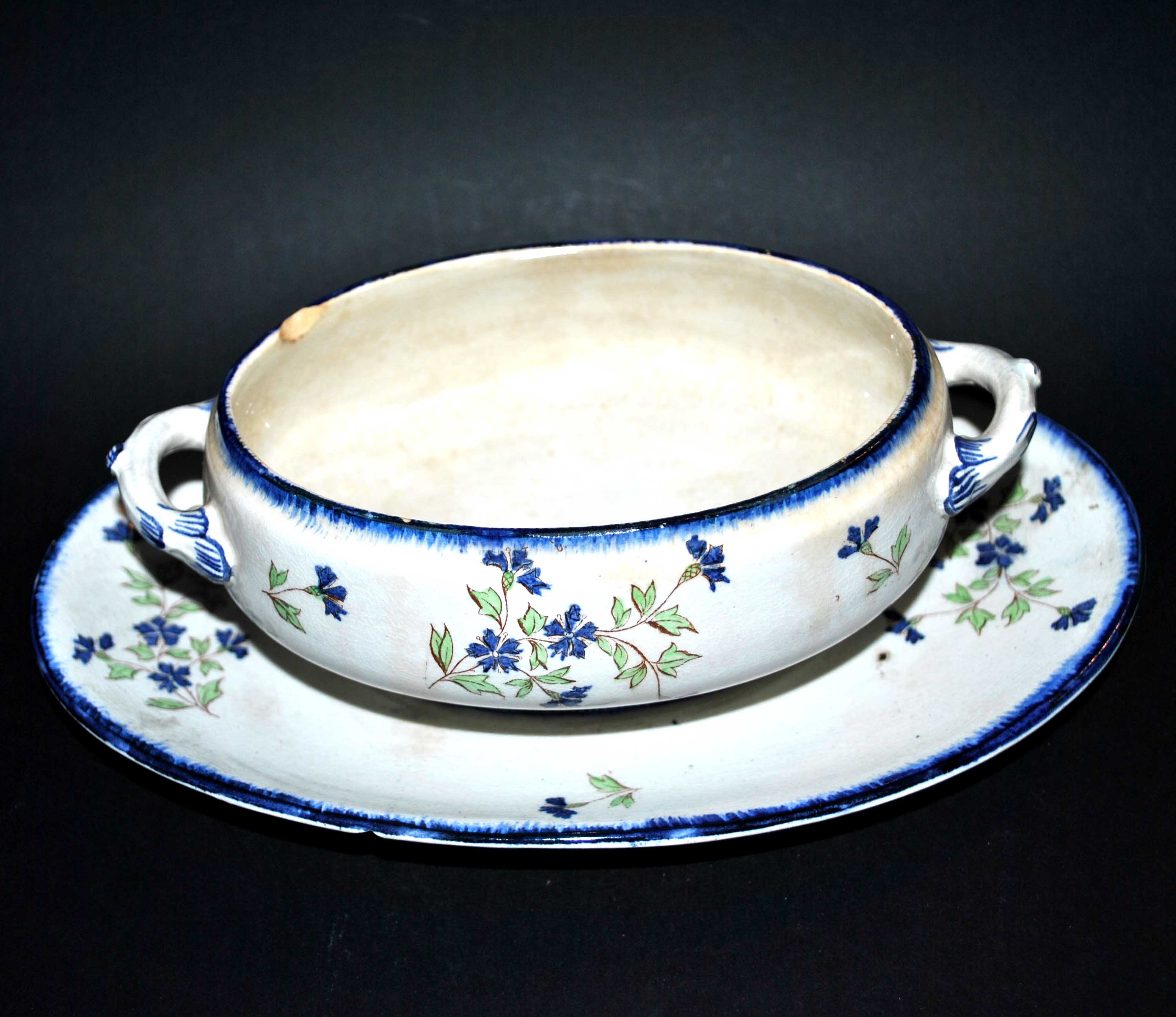 Oval sugar bowl in creil terrece montereau model barbeau blueberry 19th century