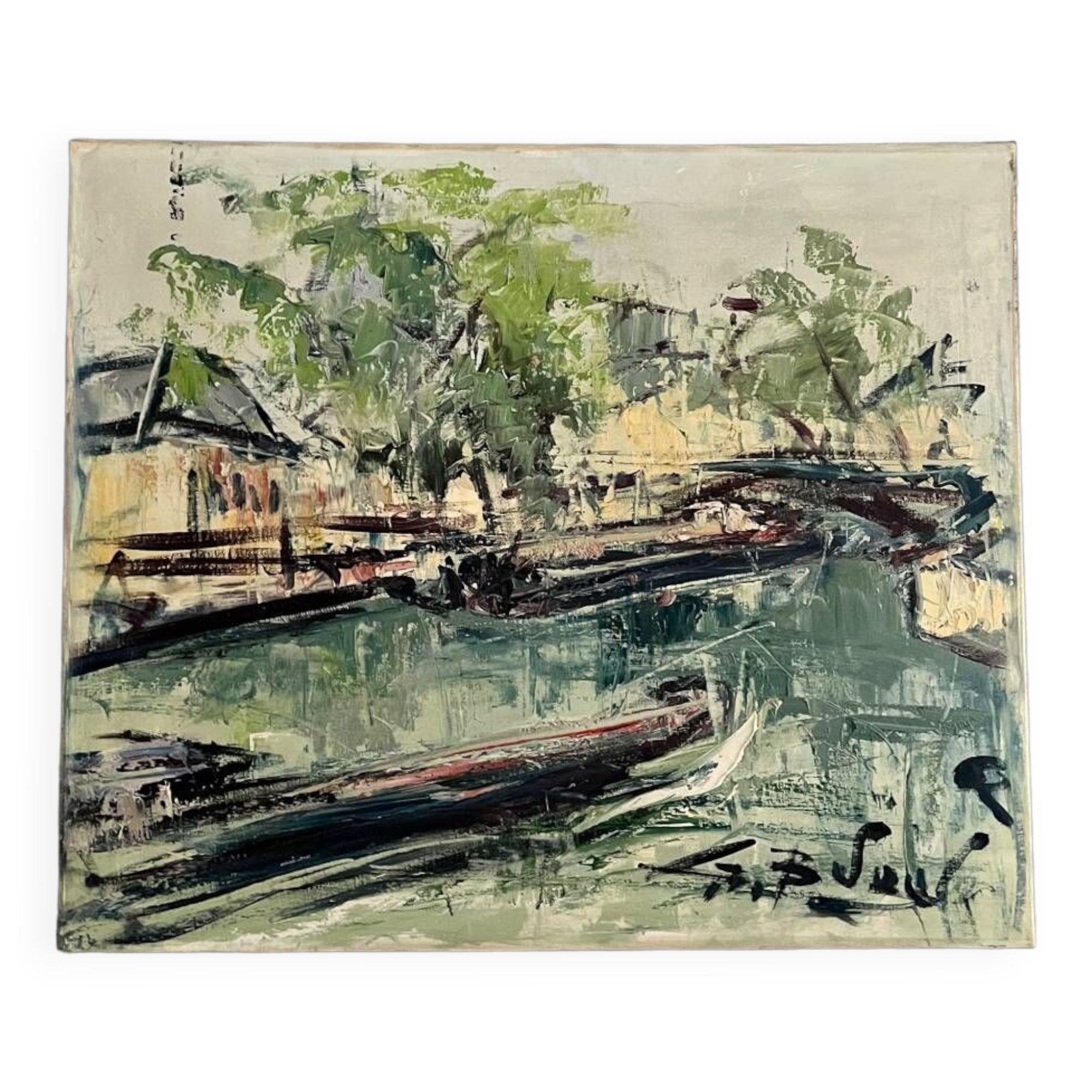 Oil on canvas, the Canal Saint-Martin in Paris