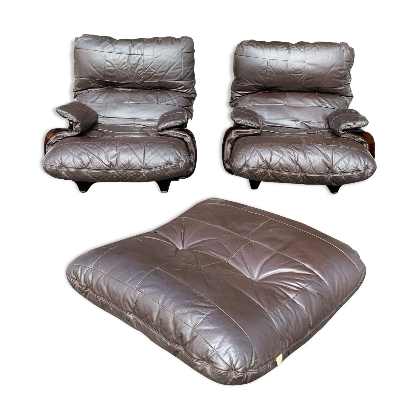 Pair of armchairs and ottoman leather Marsala by Michel Ducaroy for Ligne Roset 1970