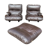 Pair of armchairs and ottoman leather Marsala by Michel Ducaroy for Ligne Roset 1970