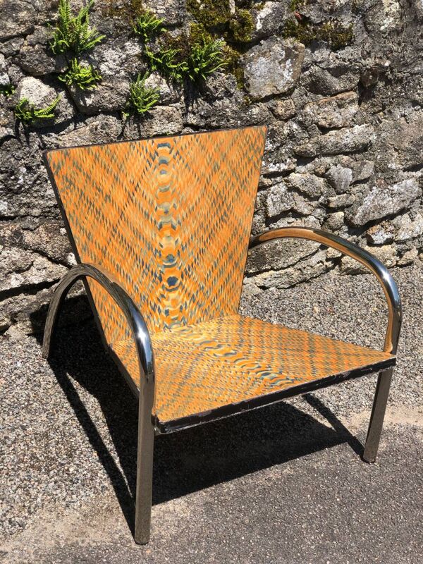 Paire de 2 fauteuils format atypique bois, chrome et cuir vintage 1980