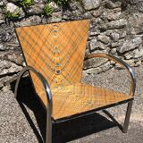 Pair of 2 atypical armchairs wood, chrome and leather vintage 1980