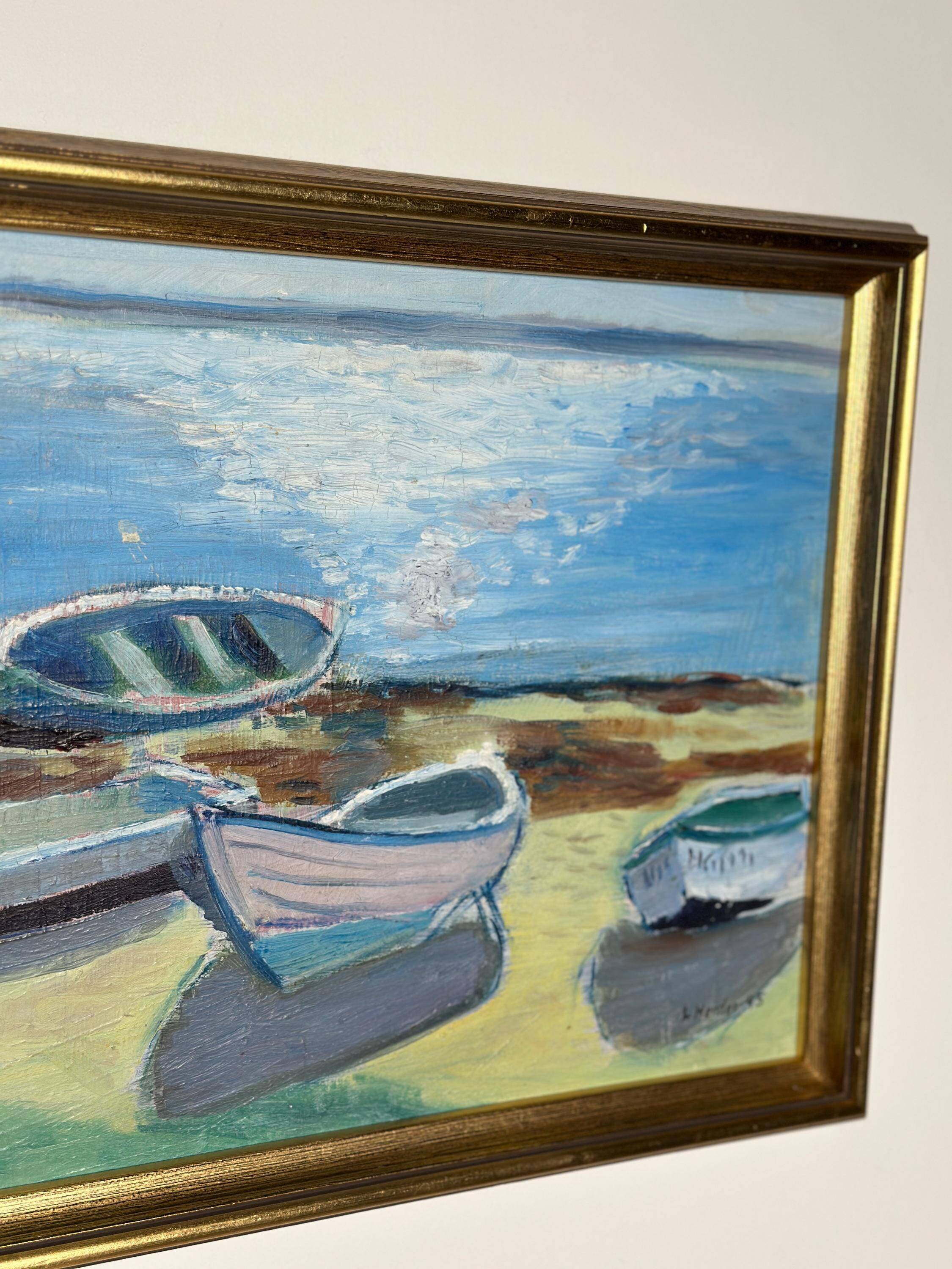 Original Mid Century Swedish Oil On Panel – “Harbor” By Lars Herder – Dated 1945 – Vintage & Framed – 45 × 37 Cm (17.7" × 14.6")