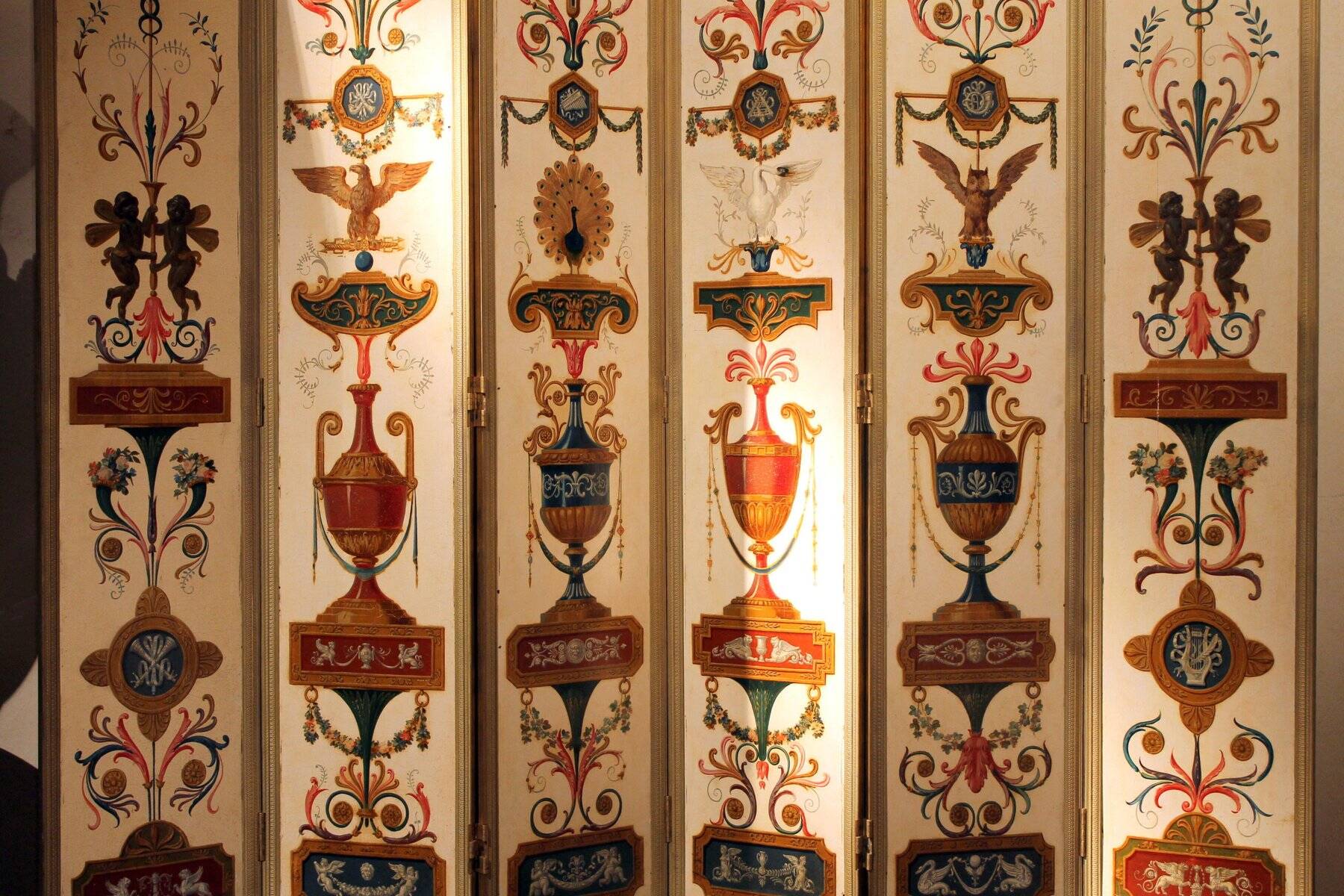 19th Century Italian Six-Panel Painted Wood Folding Screen in Gilt Bronze Frame