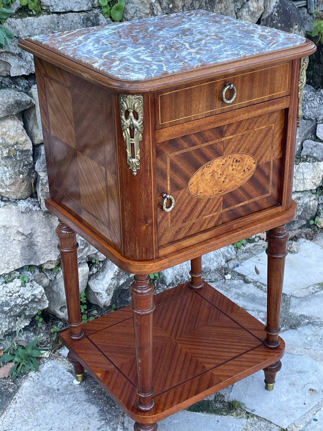 Bedside table in wood marquetry from the 19th century