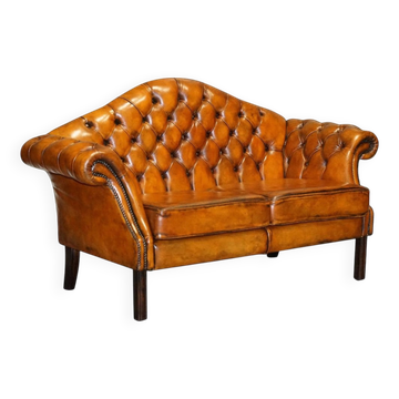 Canapé 2 Places Chesterfield Vintage en Cuir Marron Cigare Teint à la Main