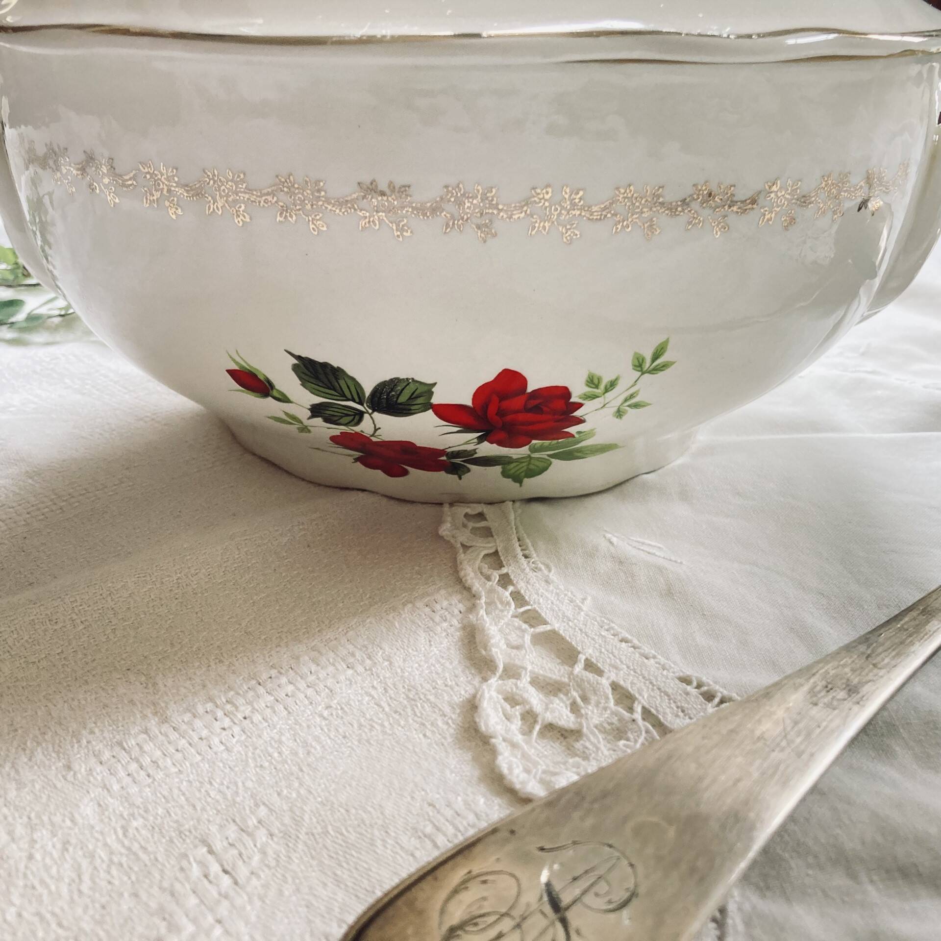 Old earthenware tureen made in France by Sarreguemines