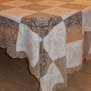 Old tablecloth in ecru cotton embroidered with flowers and embroidered mesh lace-176x282