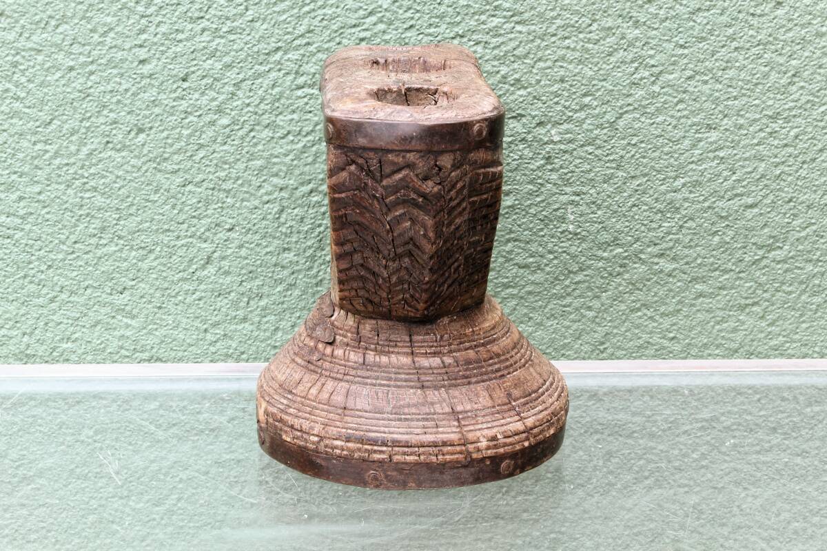 Brutalist candlestick, antique Asian grain sorter in carved wood.