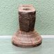 Brutalist candlestick, antique Asian grain sorter in carved wood.