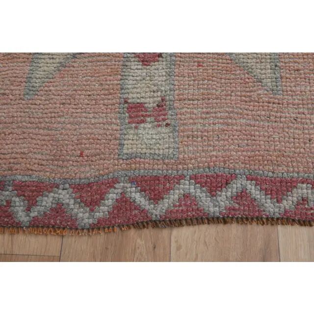 1970s Vintage Turkish Handmade Wool & Cotton Pink Runner Rug 100X349