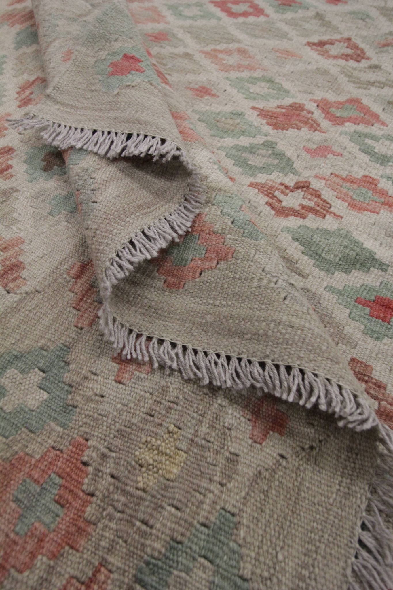 Geometric Kilim Rug Grey, Afghan Wool Carpet Handmade, Neutral Rustic Home