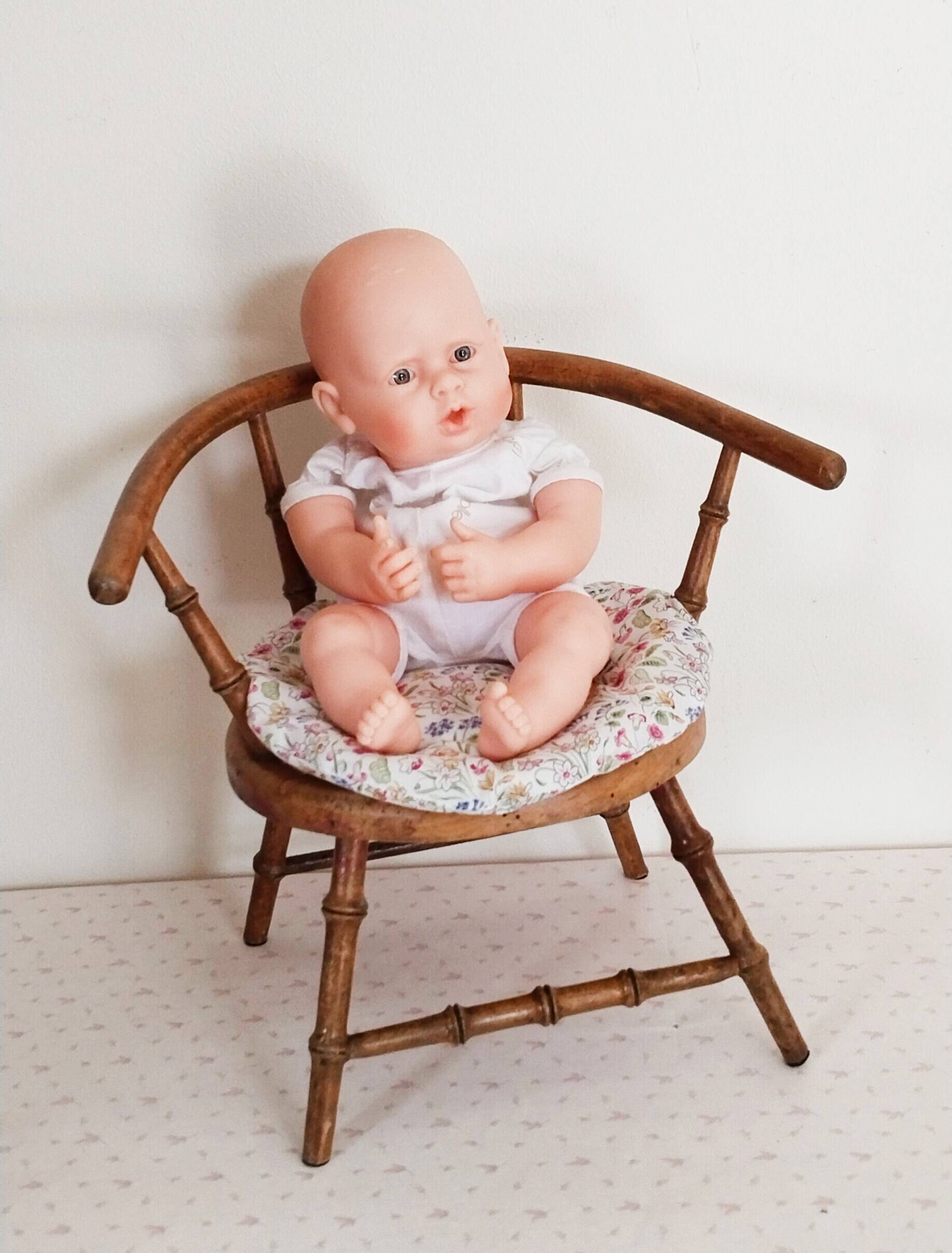 Vintage doll chair, in wood, and Liberty cushion