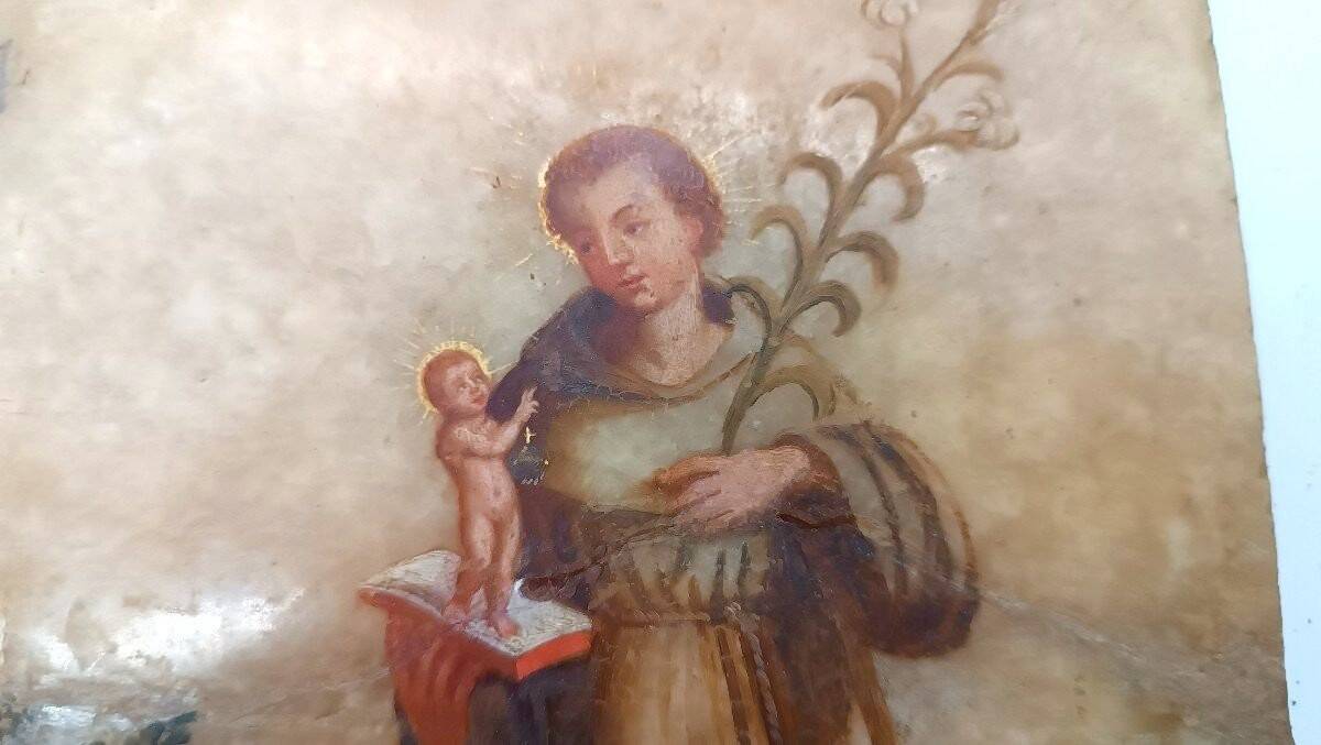 Antique painting on alabaster, Italy, 18th century, Saint Anthony of Padua