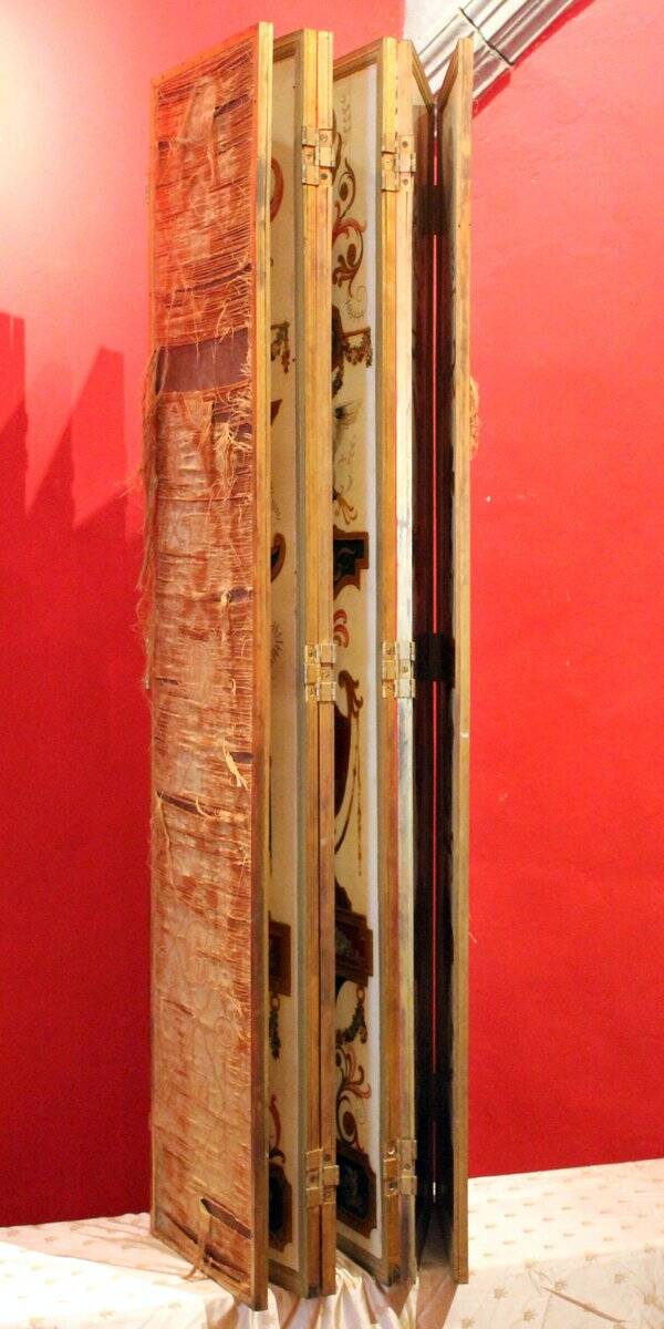 19th Century Italian Six-Panel Painted Wood Folding Screen in Gilt Bronze Frame