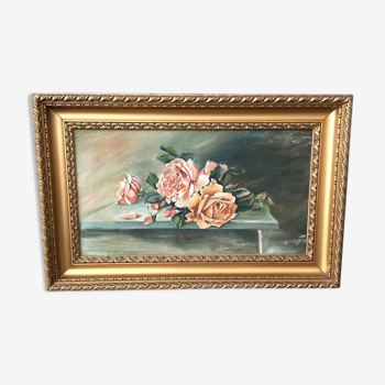 Painting on canvas representing a bouquet of roses sign dominique duchaine