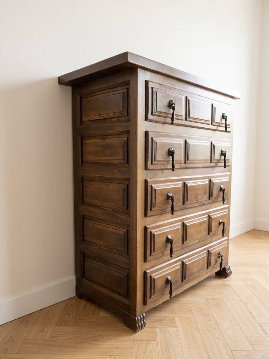 Antique solid wood chest of drawers with five drawers.