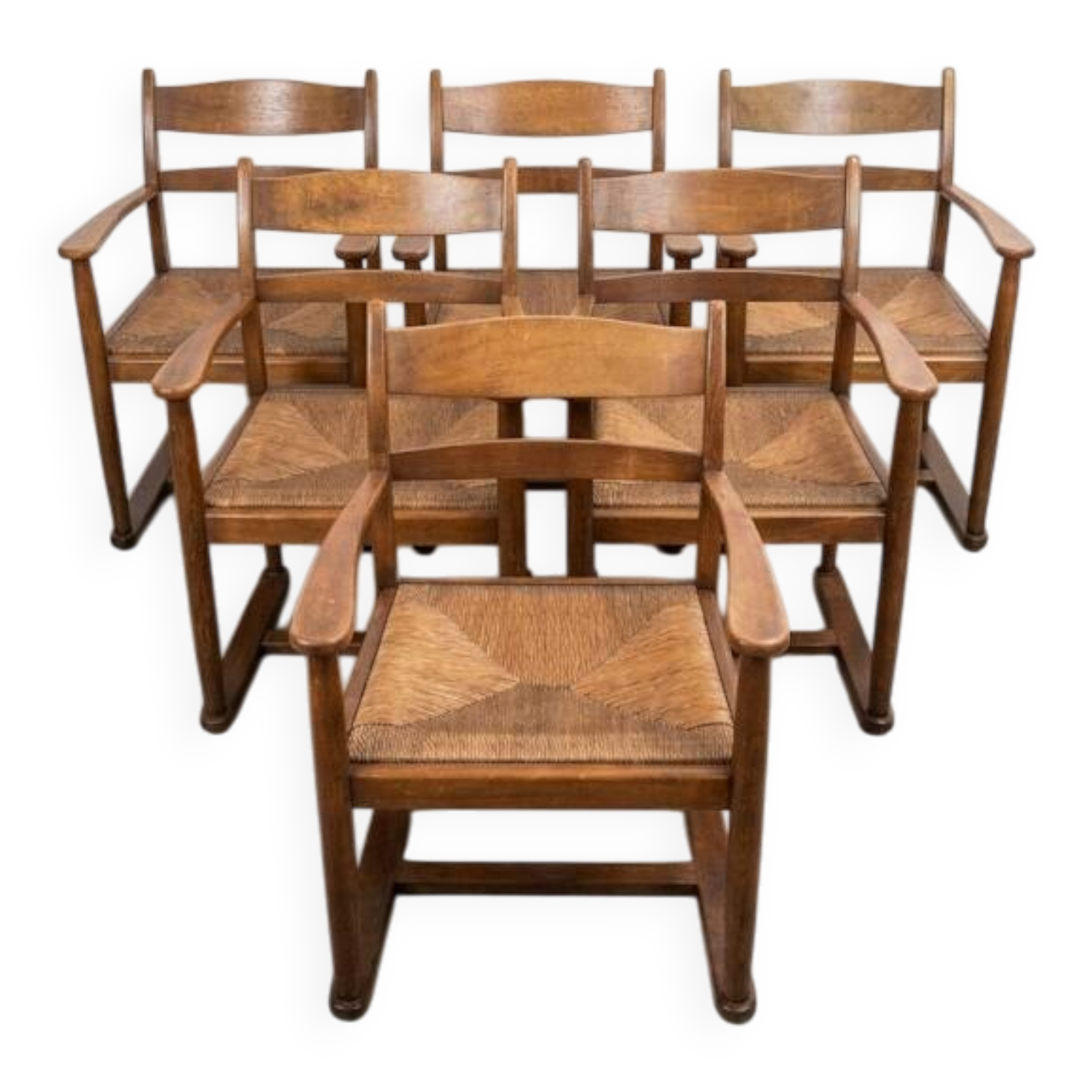 Serié de 6 fauteuils de salle á manger Brutalistes en chêne Mid-century