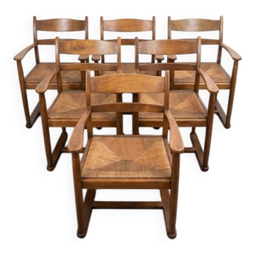 Set of 6 Brutalist dining chairs in Mid-century oak.