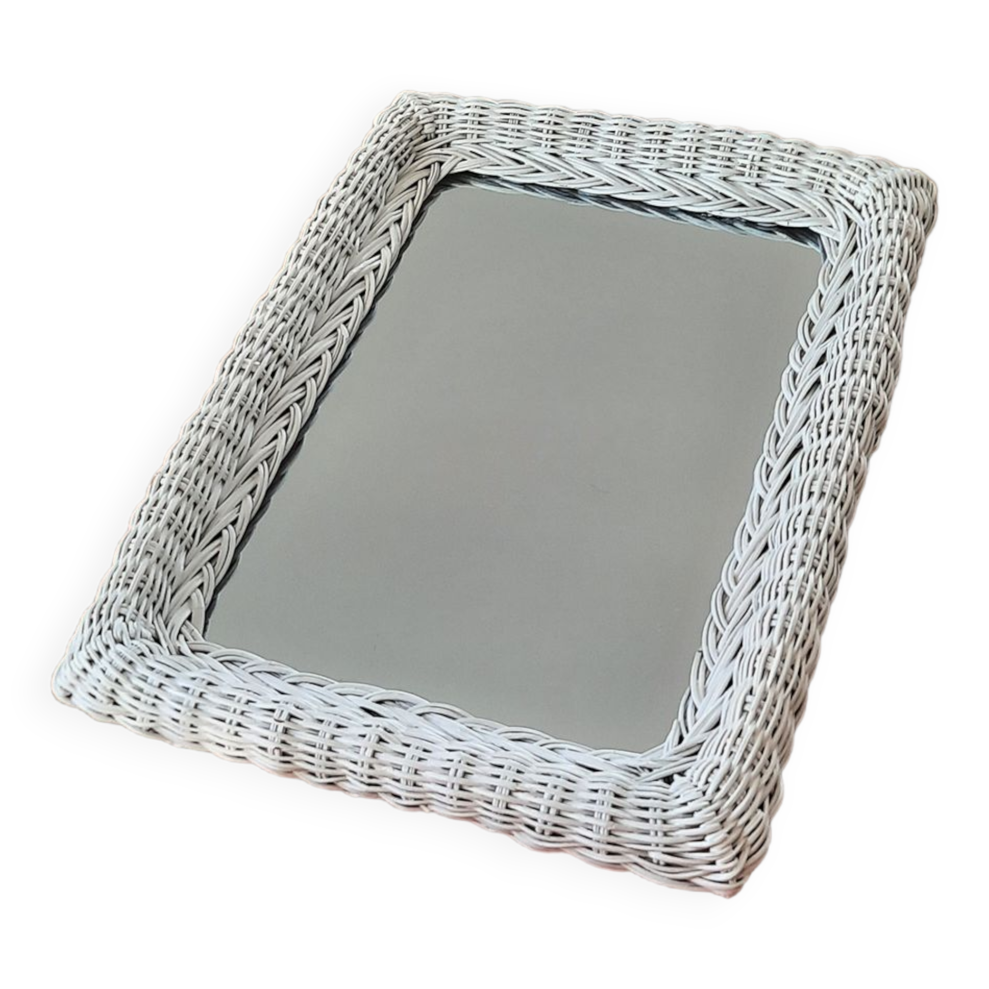 Rectangular mirror in vintage woven wicker rattan