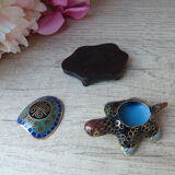 Miniature box in the shape of turtle cloisonné email on wooden base