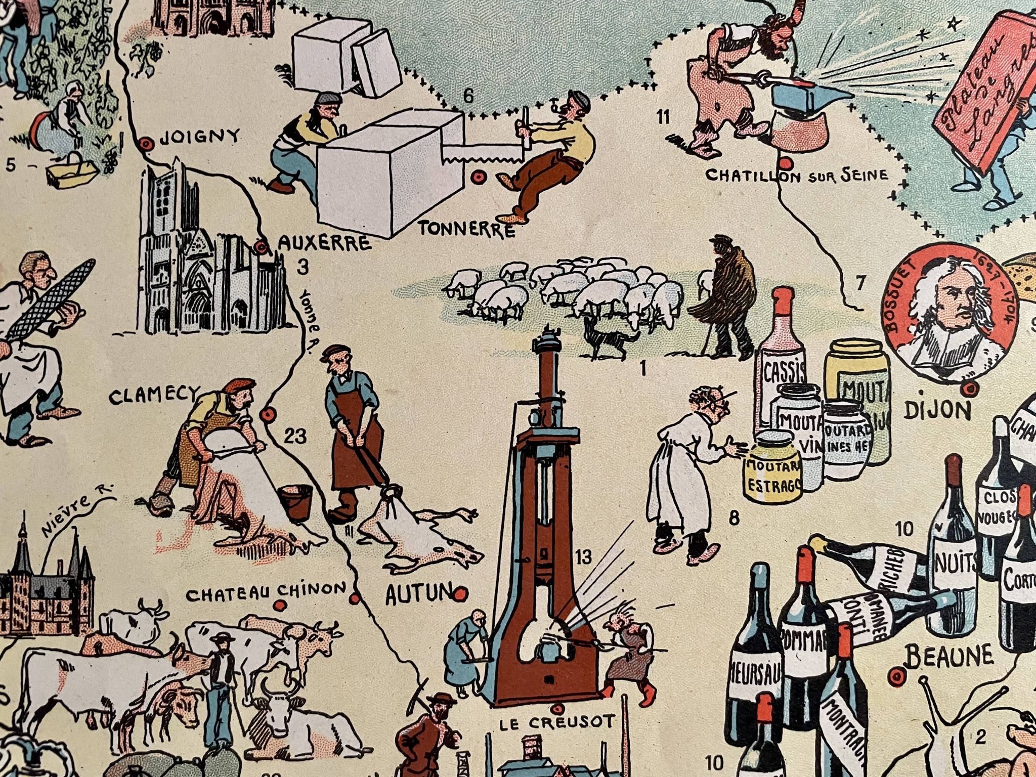 Old illustrated map of Burgundy from 1942 by JP Pinchon