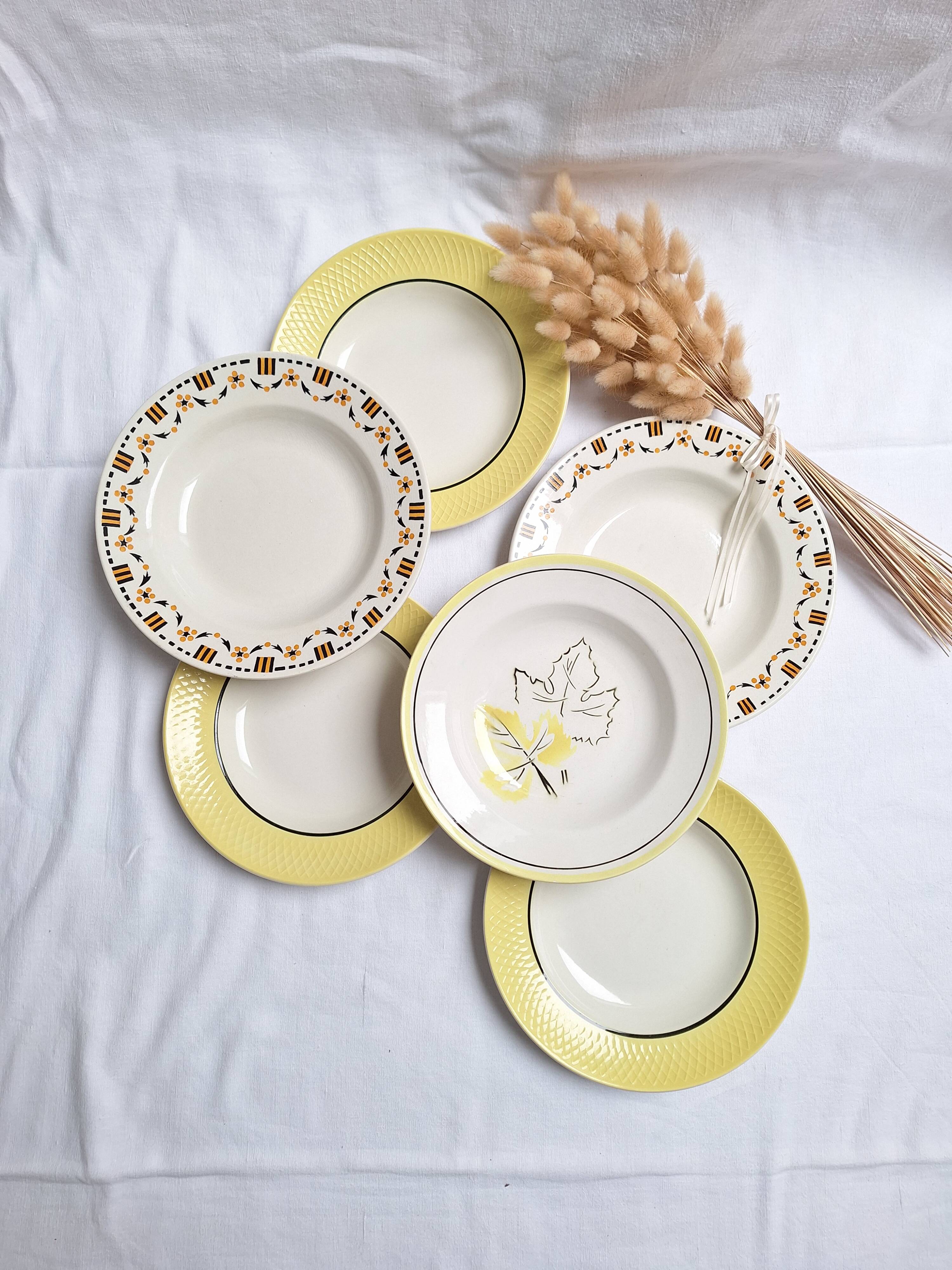 Vintage yellow soup plates from Moulin des Loups, Gien, Sarreguemines