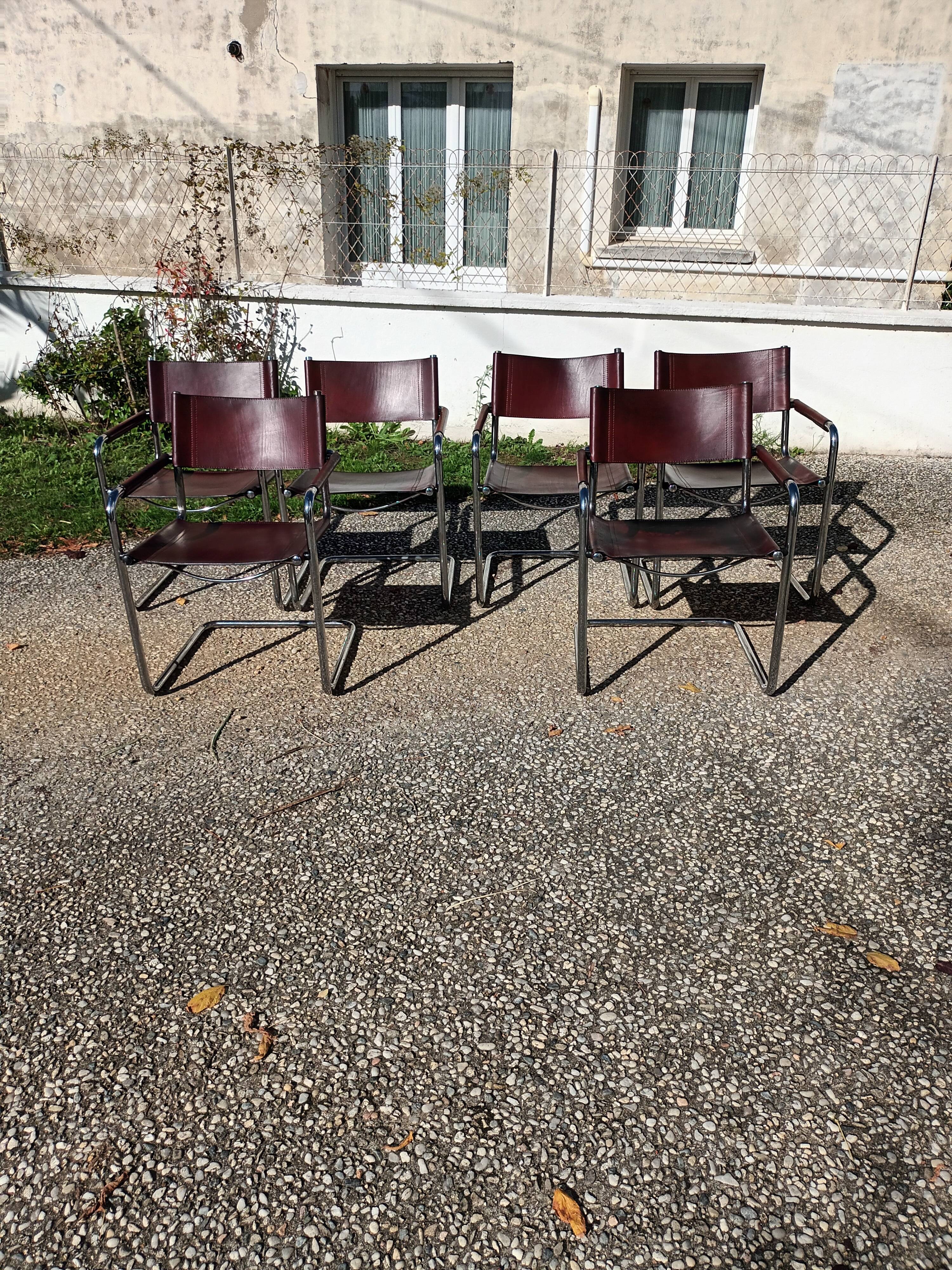 Set of 6 brown leather armchairs