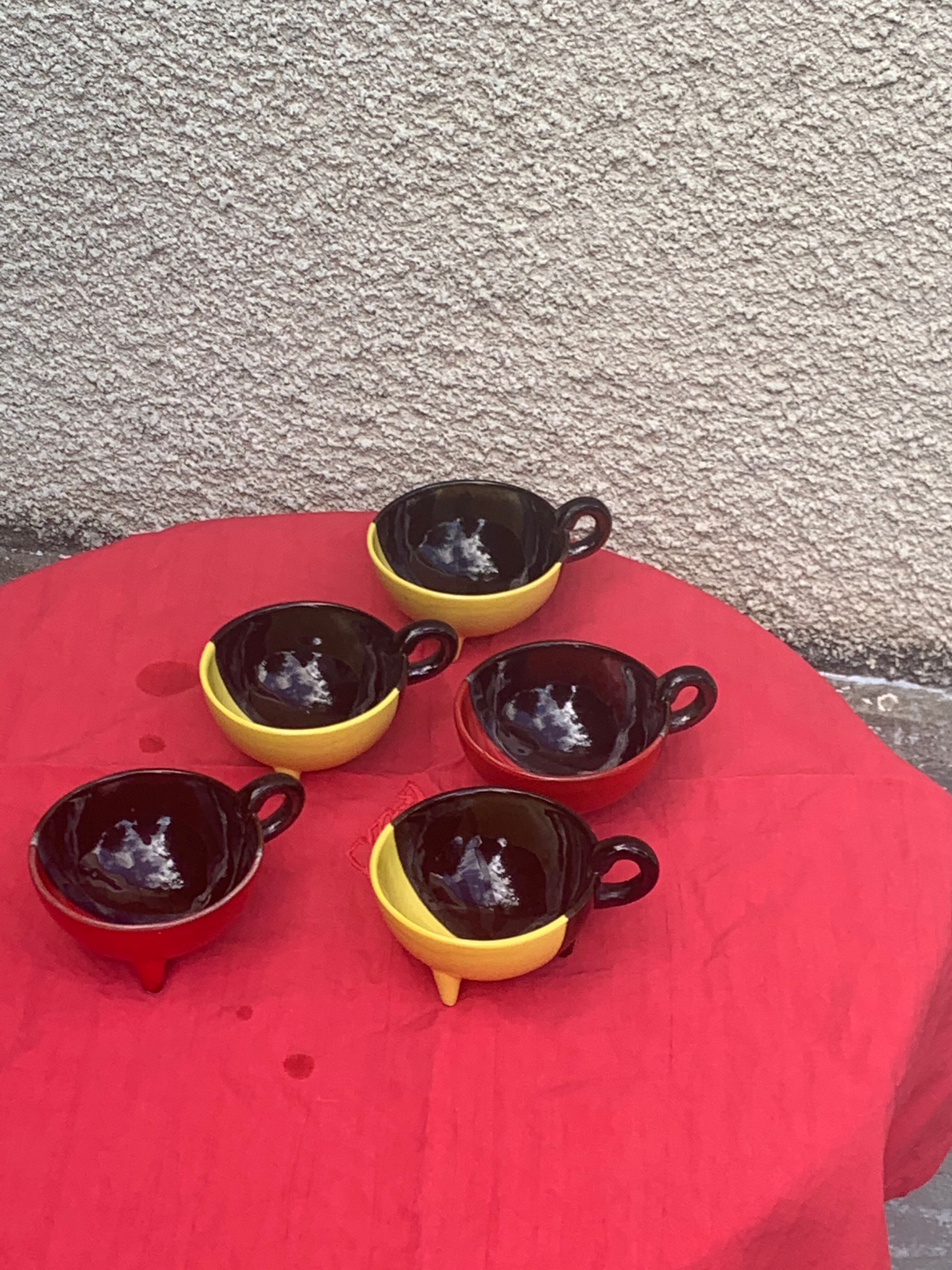5 cups and 5 saucers signed Luc vallauris vintage