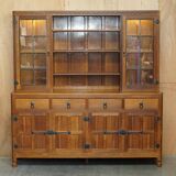 Vintage Robert Mouseman Thompson oak display cabinet with shelves and lighting.