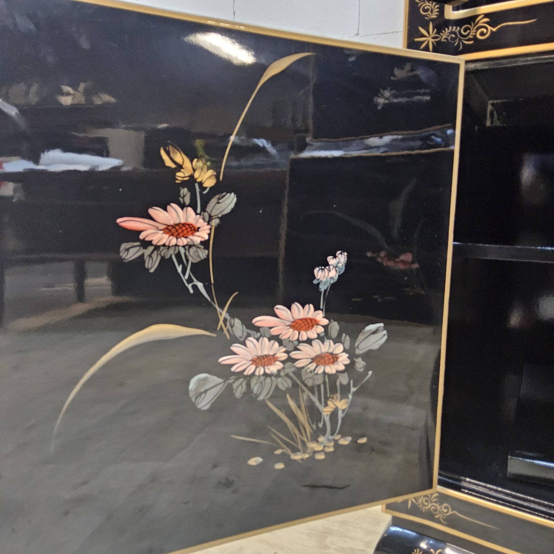 Vintage Chinese lacquer cabinet with black flowers and birds / bohemian