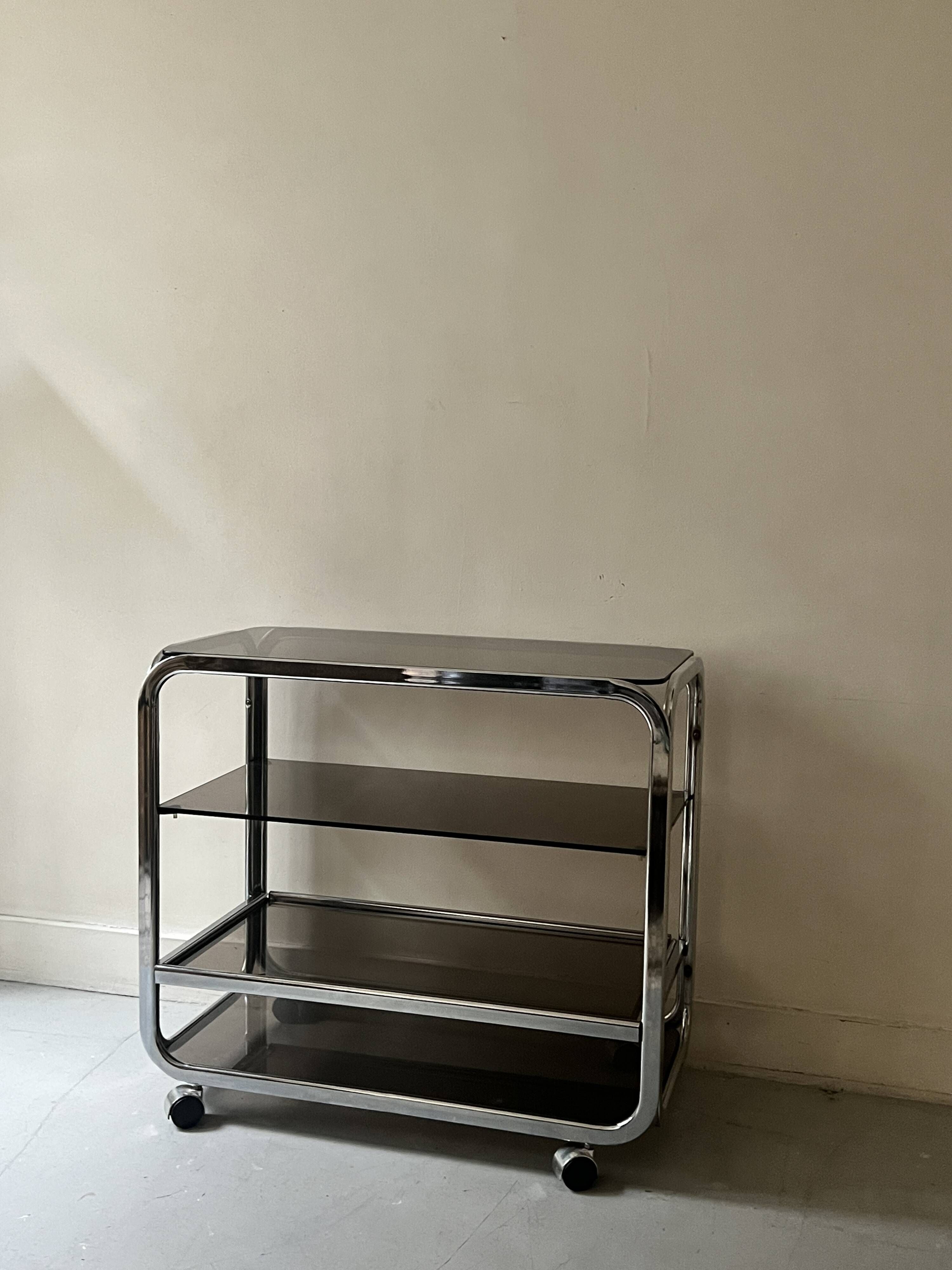 Hi-fi furniture sideboard/bar in smoked glass and chrome, 1970s design.