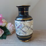 Black and gold vintage vase, ribbed decorated vase, black marble ceramic vase, oriental vase