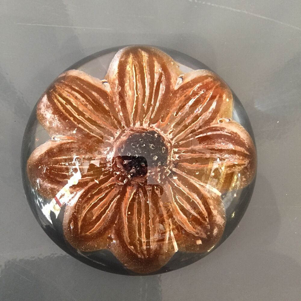 Sulfure presse-papier fleur orange ambre daum france