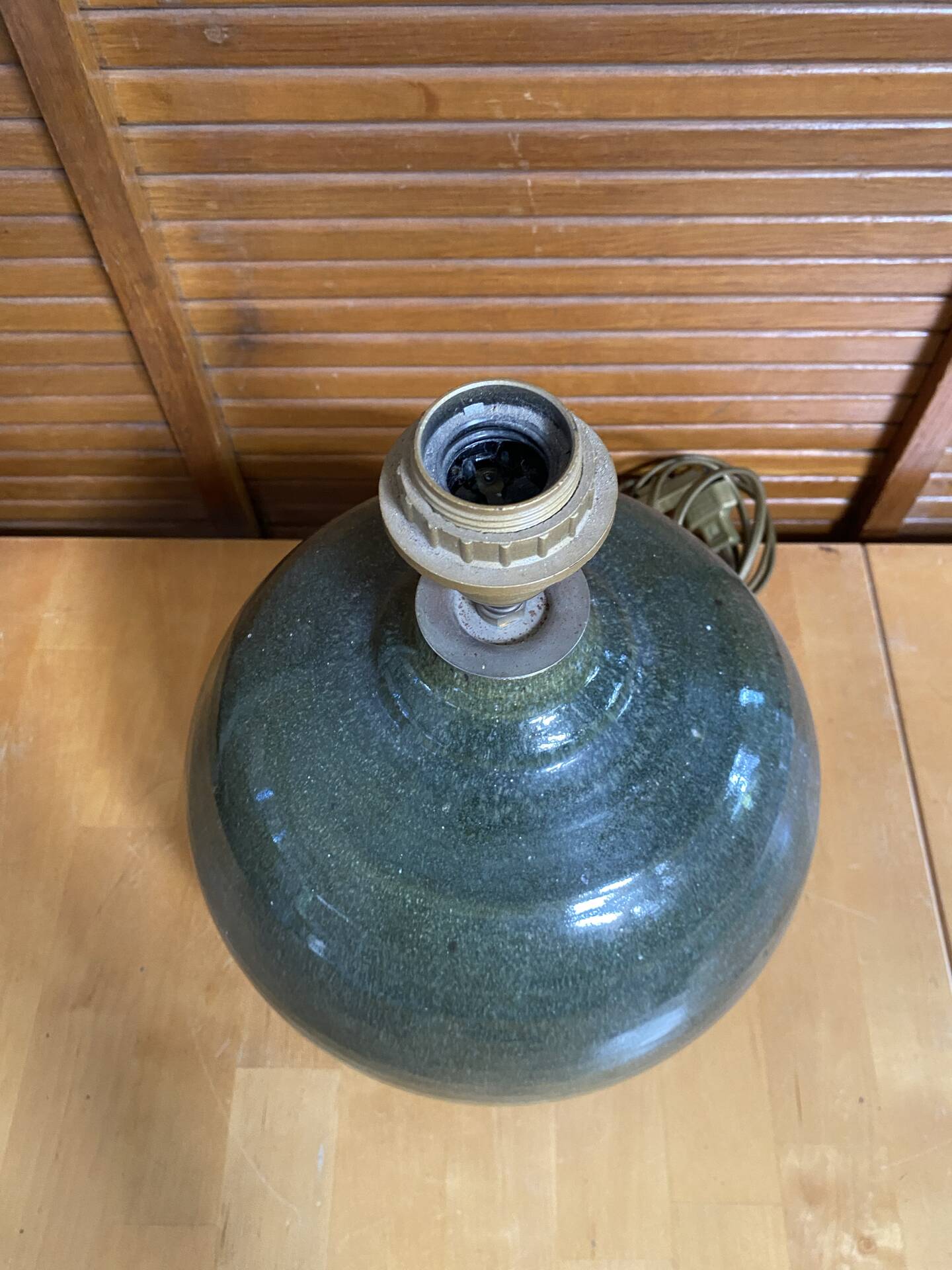 Pied de Lampe Ancien Boule Grès Émaillé Vert Nuancé Années 70 Vintage