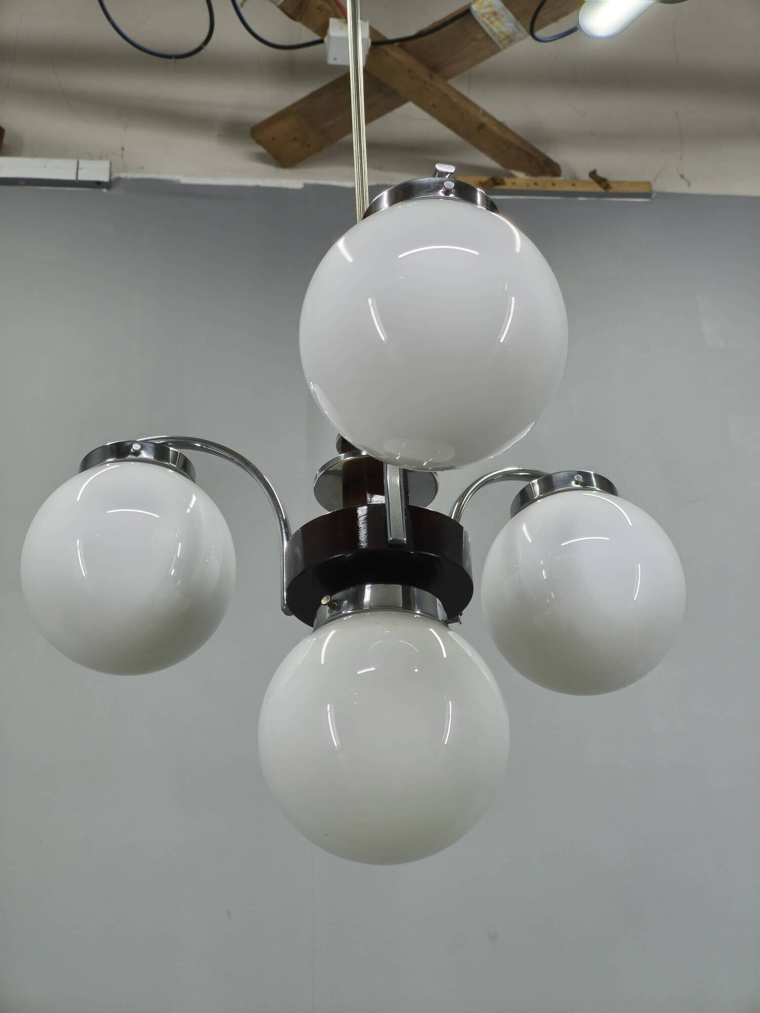 Czech Art Deco Chandelier from the 1930s with Four Opaline Glass Shades