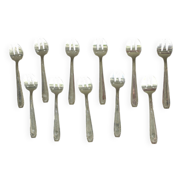 12 fourchettes à huitres ou à dessert en métal argenté modèle Art Déco