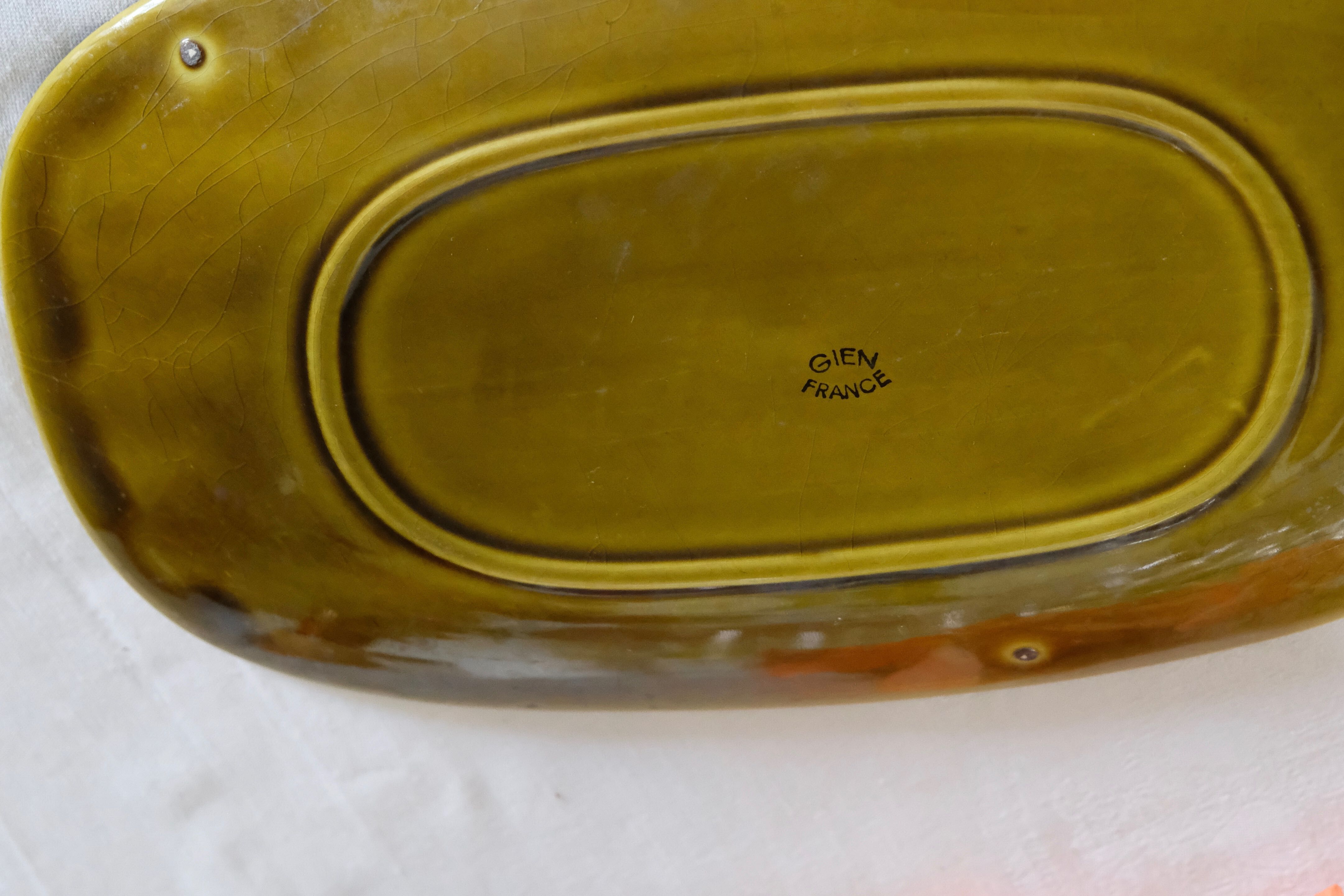 Old olive green oval serving dish Gien France