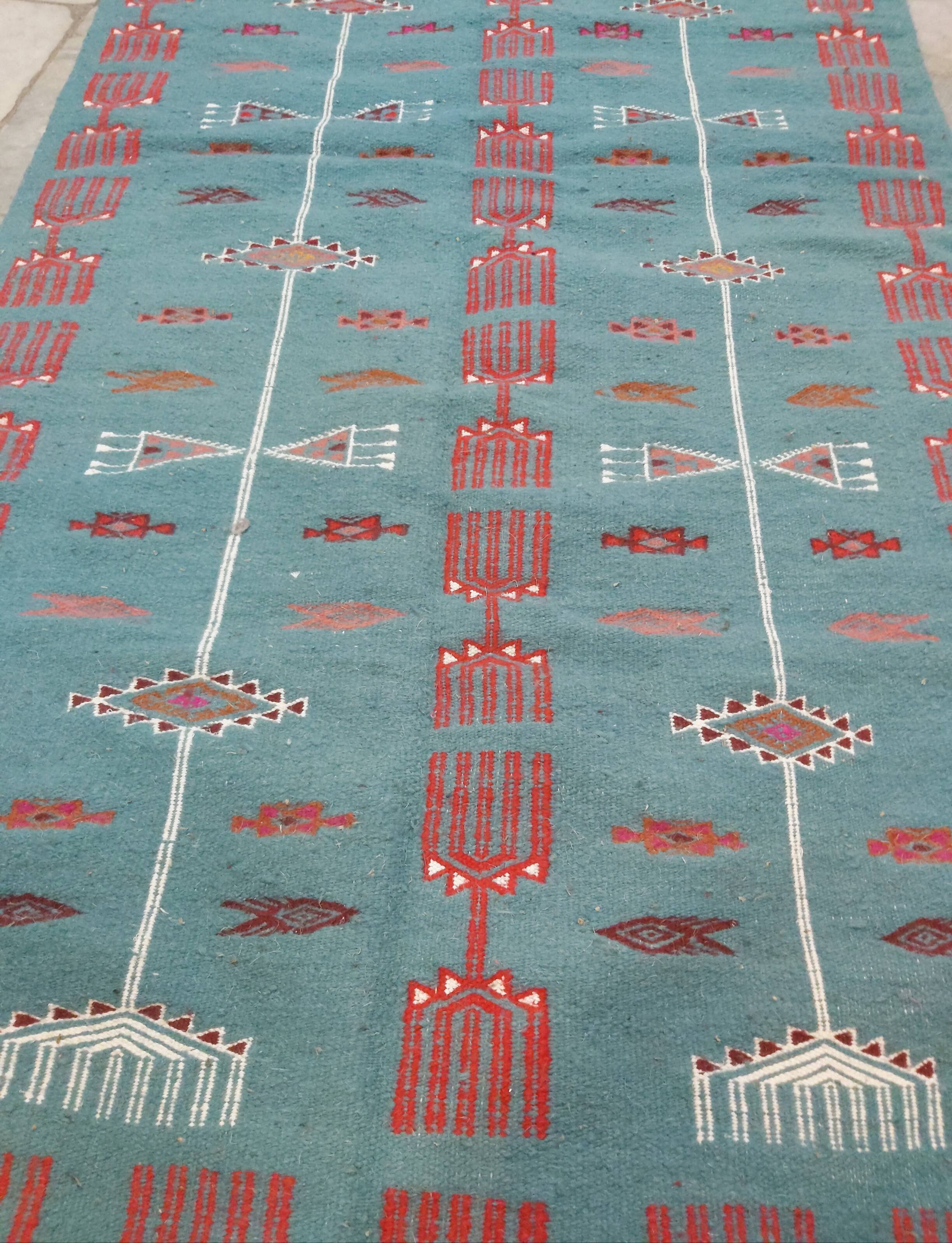 Hand-made blue carpet in pure wool  95x215cm