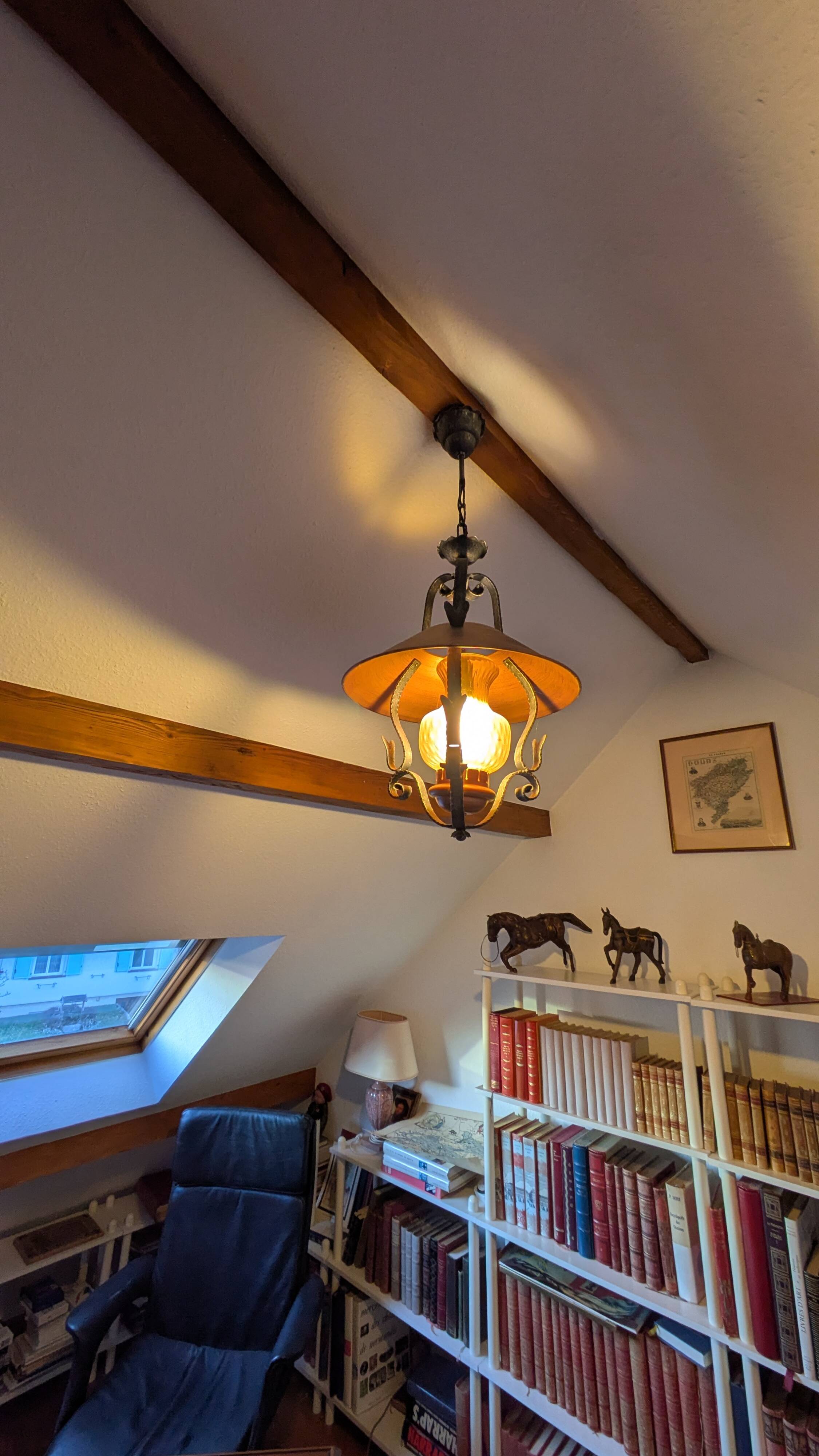 Vintage suspension in copper, wrought iron and glass