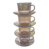 4 tasses et soucoupes verre fumé de Arcoroc 1970