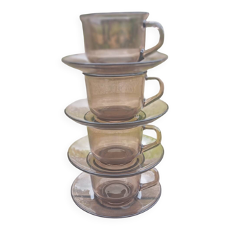4 smoked glass cups and saucers from Arcoroc 1970