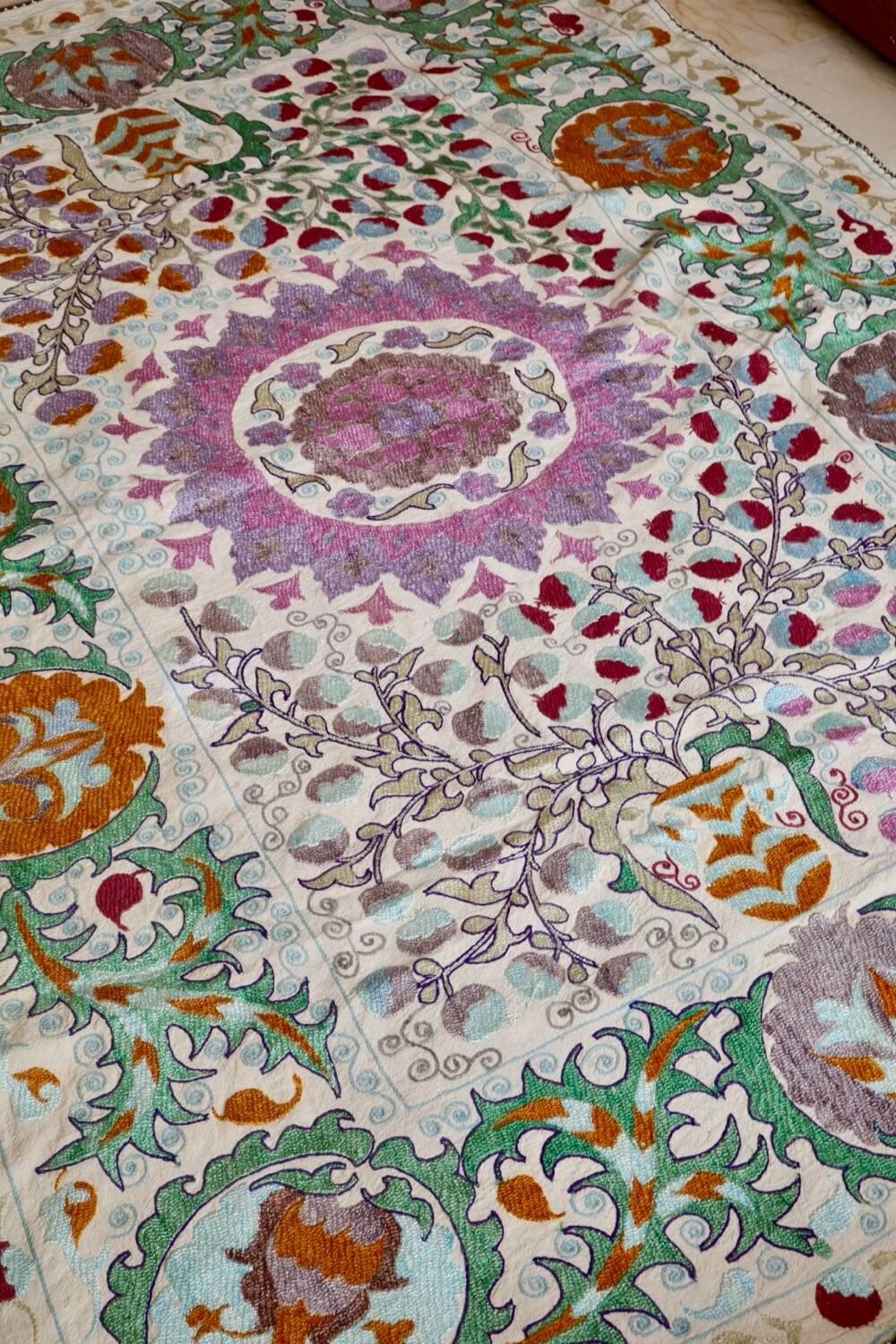 Antique hand embroidered silk suzani bedspread