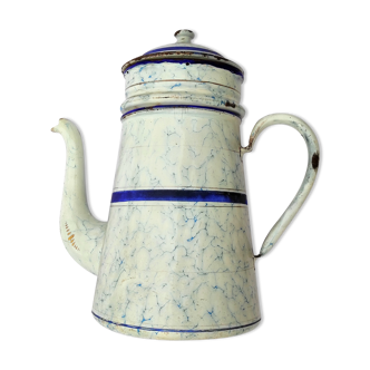 Cafetiere ancienne emaillee couleur blanc / bleu et filets or