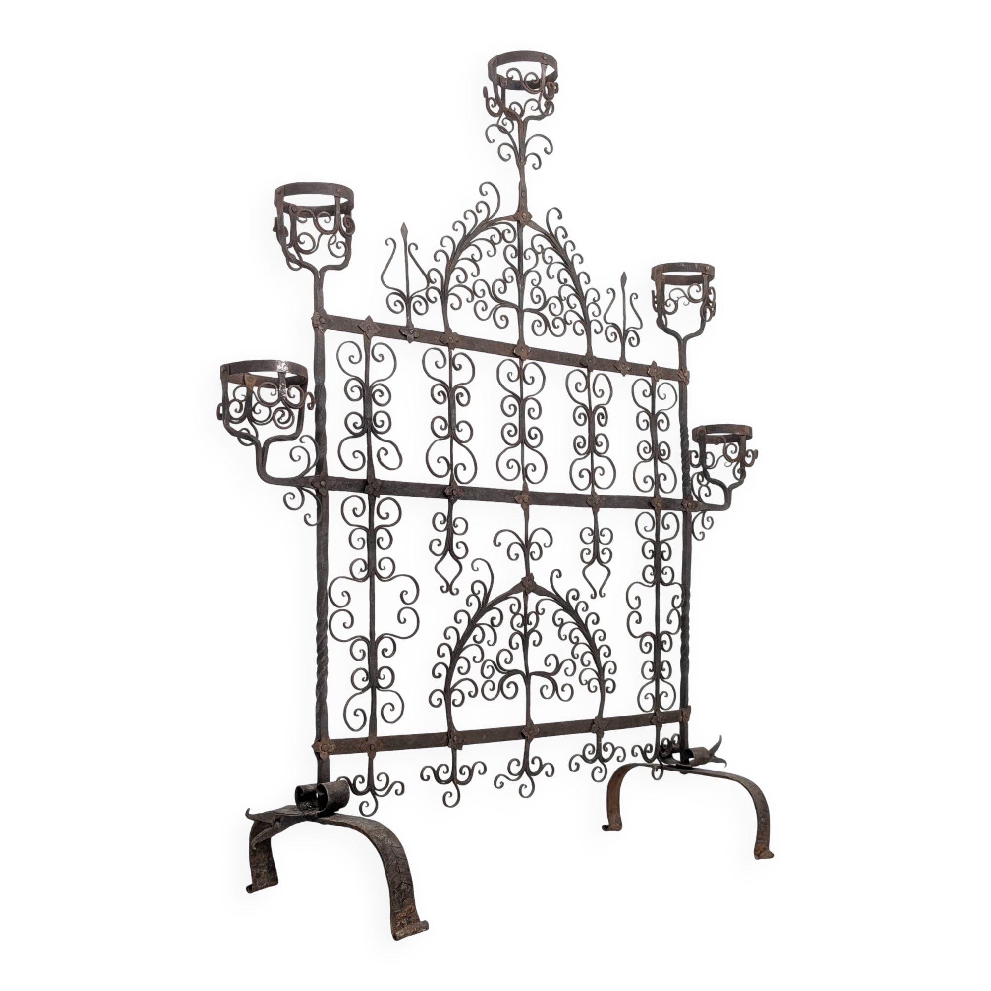 Spanish Wrought Iron Fireplace Screen Candelabra, Arts and Crafts, 1880s