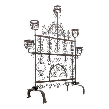 Spanish Wrought Iron Fireplace Screen Candelabra, Arts and Crafts, 1880s
