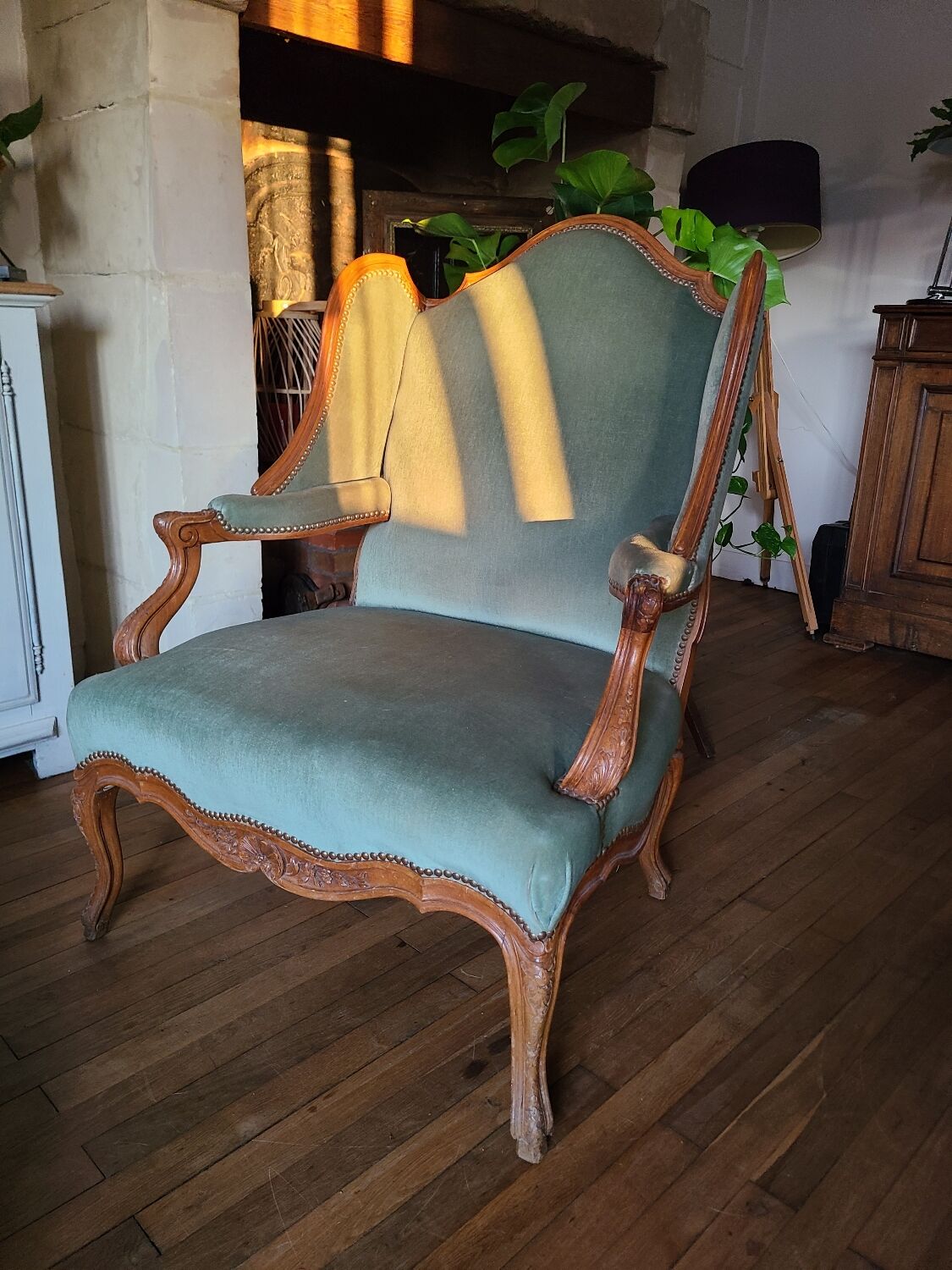 Vintage Louis XV style wing chair, light green velvet