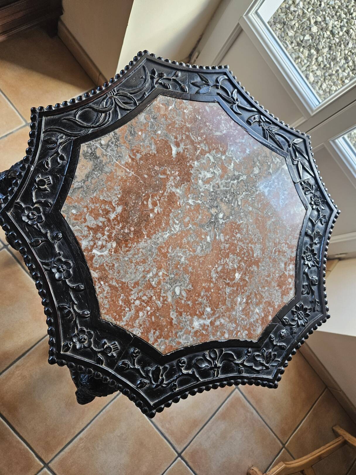 Antique Orientalist gueridon, carved – double marble top – late 19th century.