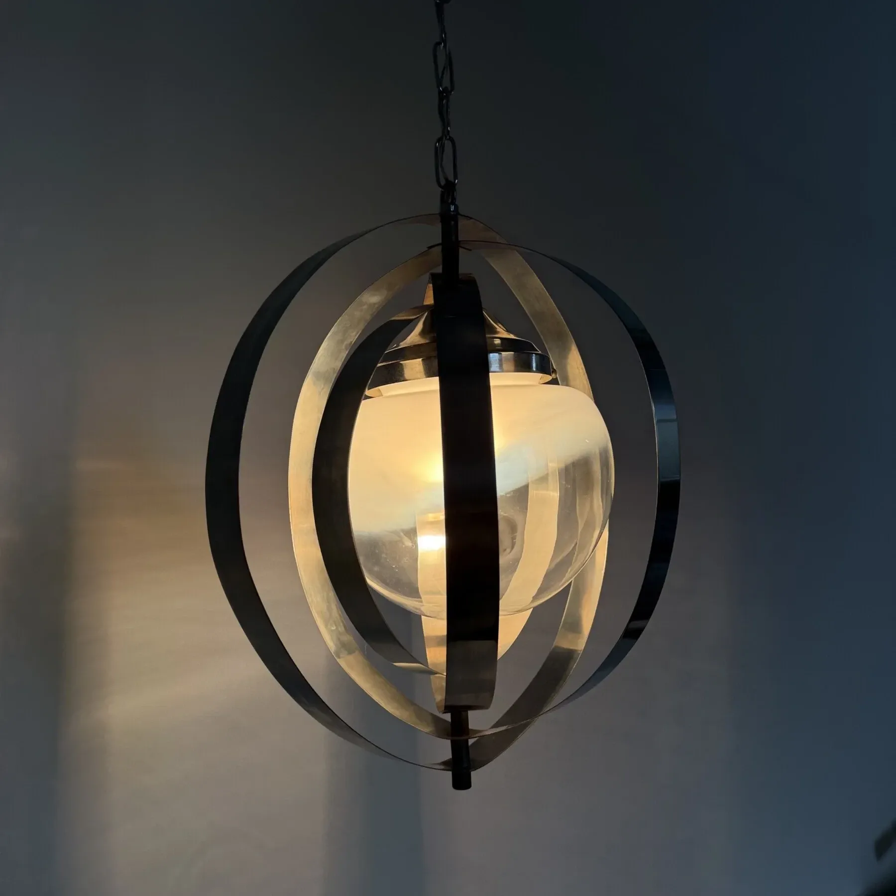 Mid-century glass sphere hanging pendant glass lamp design 1970’s space age Italy