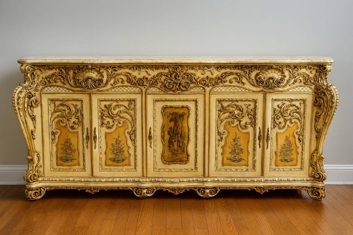Curved Louis XV Venetian buffet in lacquered, painted, and gilded wood.